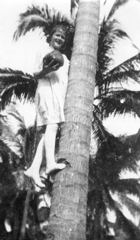 Clara May climbing a coconut tree in the Philippines, around 1921.