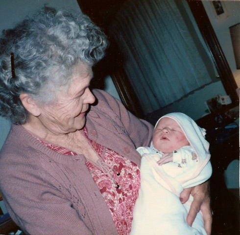 Clara May with her first great-grandchild, Terra Clarke, in 1985