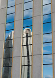 Photo of snowy creek in the Sierras reflection of Circus Circus casino hotel in window